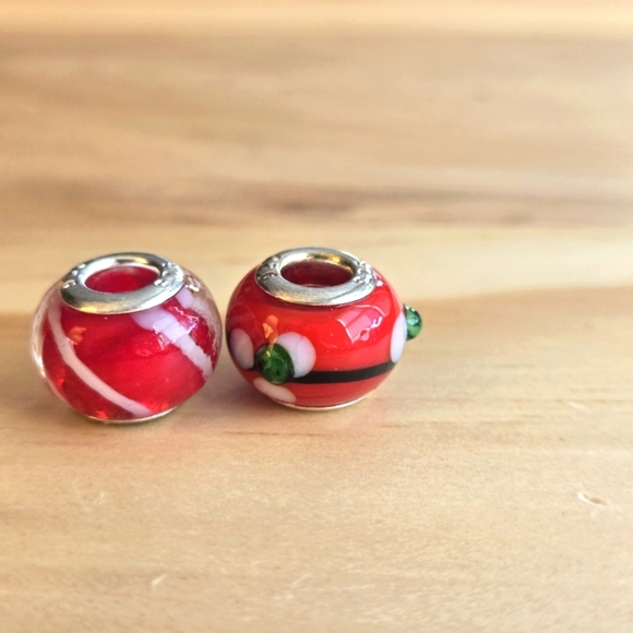 Murano Glass Spacer Bracelet Bead Charm 925 Silver Red White Flower Set Of 2 - Picture 5 of 7